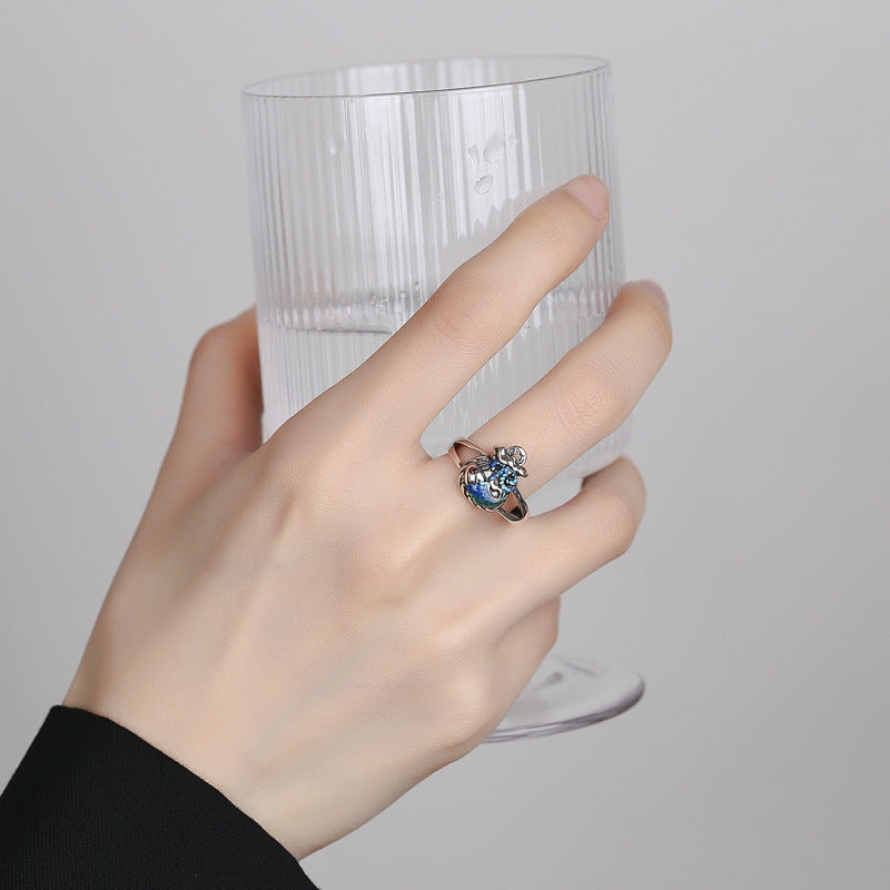 Vintage Burnt Blue Copper Open End Ring With Ethnic Koi Pattern Retro Style For Women Adjustable For Daily Use