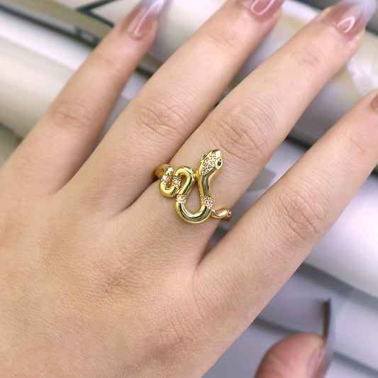 Snake Ring With Zircon Inlaid Copper Adjustable Opening Fashion Jewelry For Women Elegant Statement Piece Ring