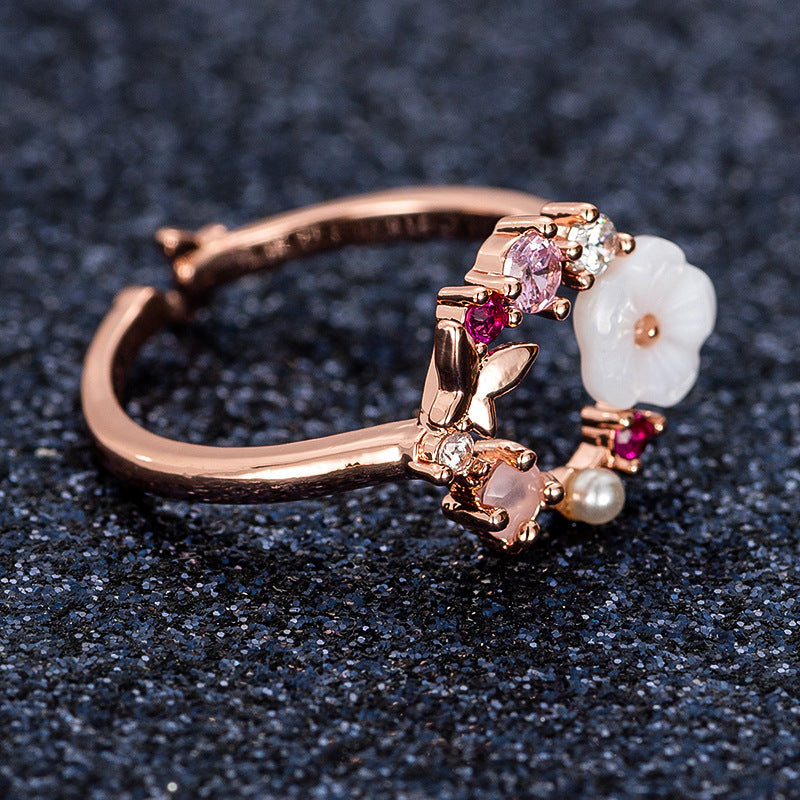 Womens Adjustable Shell Flower Butterfly Pearl Ring Crystal Inlaid Copper Rose Gold Geometric Fashion Jewelry Gift