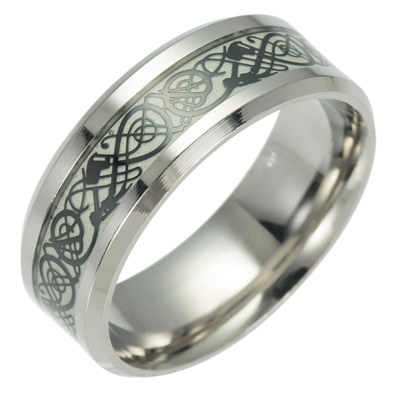 Unisex Titanium Steel Ring With Luminous Dragon Pattern European American Style Travel Gift Band Men And Women