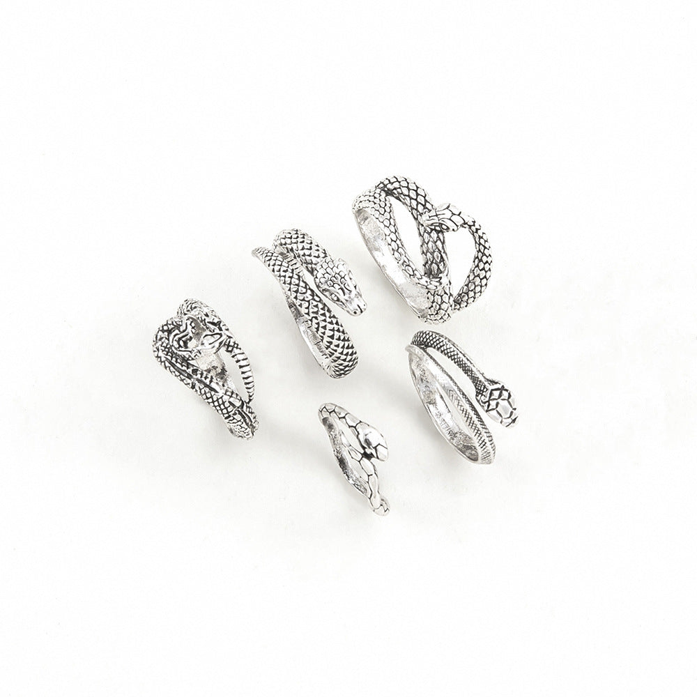 Electroplated Alloy Ring Set Geometric Snake Rings Vintage European American Style 5 Piece Free Shipping Today