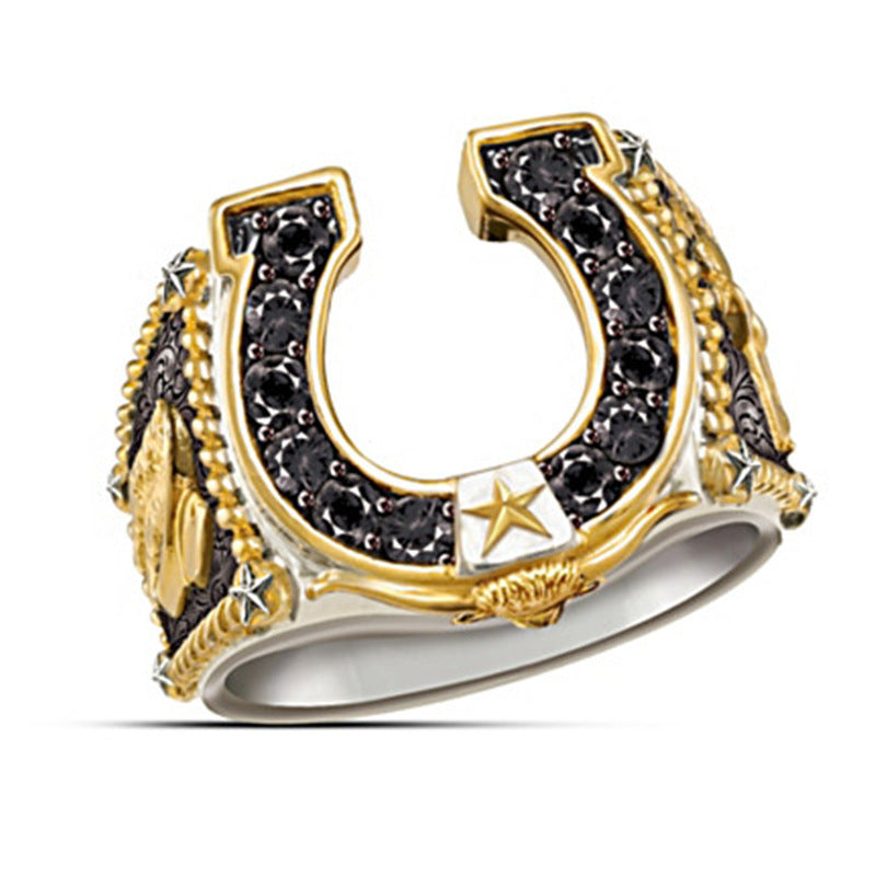 Mens Horseshoes U Shape Ring Bicolor Metal Alloy Inlaid Gemstones Electroplated Fashion Jewelry Europe America