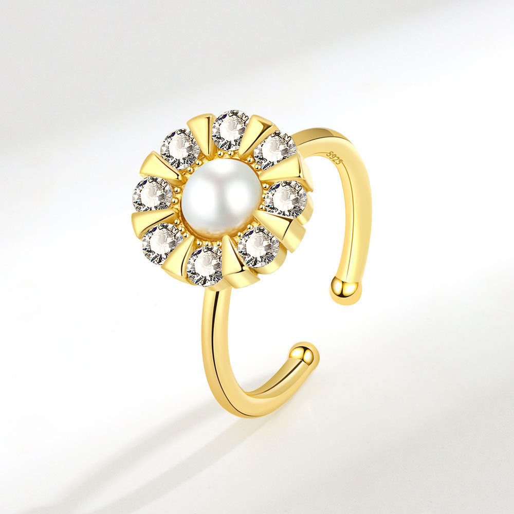 Womens Adjustable Ring With Rotating Zircon Pearl Inlaid Copper Band 13mm Gem Jewelry Fashion Elegant Timeless Piece