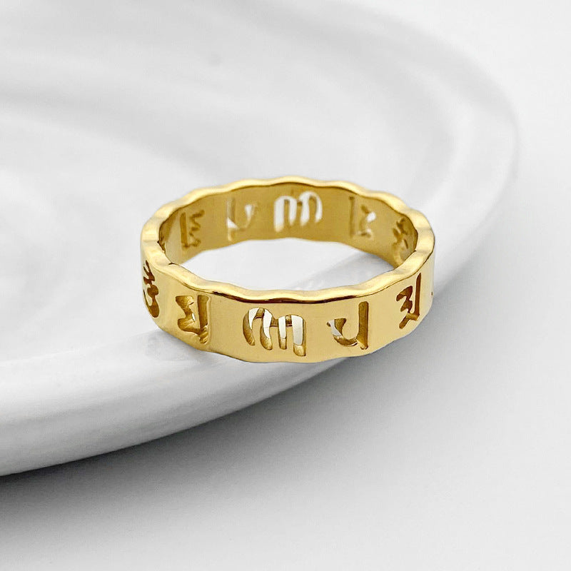 Unisex Titanium Steel Hollow Ring With Six Character Mantra In Gold Finish For Everyday Wear And Gift Idea Today