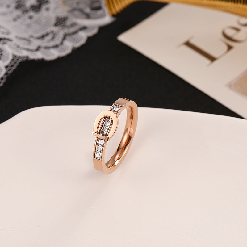 Geometric Rose Gold Titanium Steel Ring With Electroplated Gemstone For Women Durable Elegant Fashion Jewellery