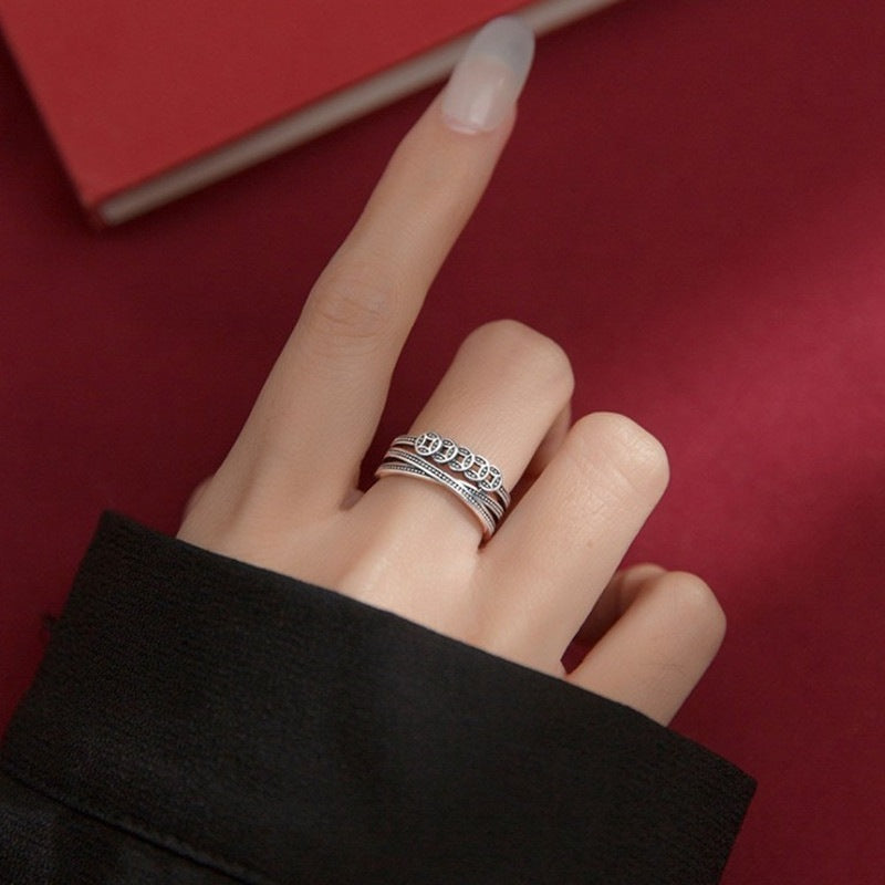 Womens 925 Silver Adjustable Ring Retro Geometric Band Symbolizing Prosperity Wealth Lucky Ring Everyday Shine