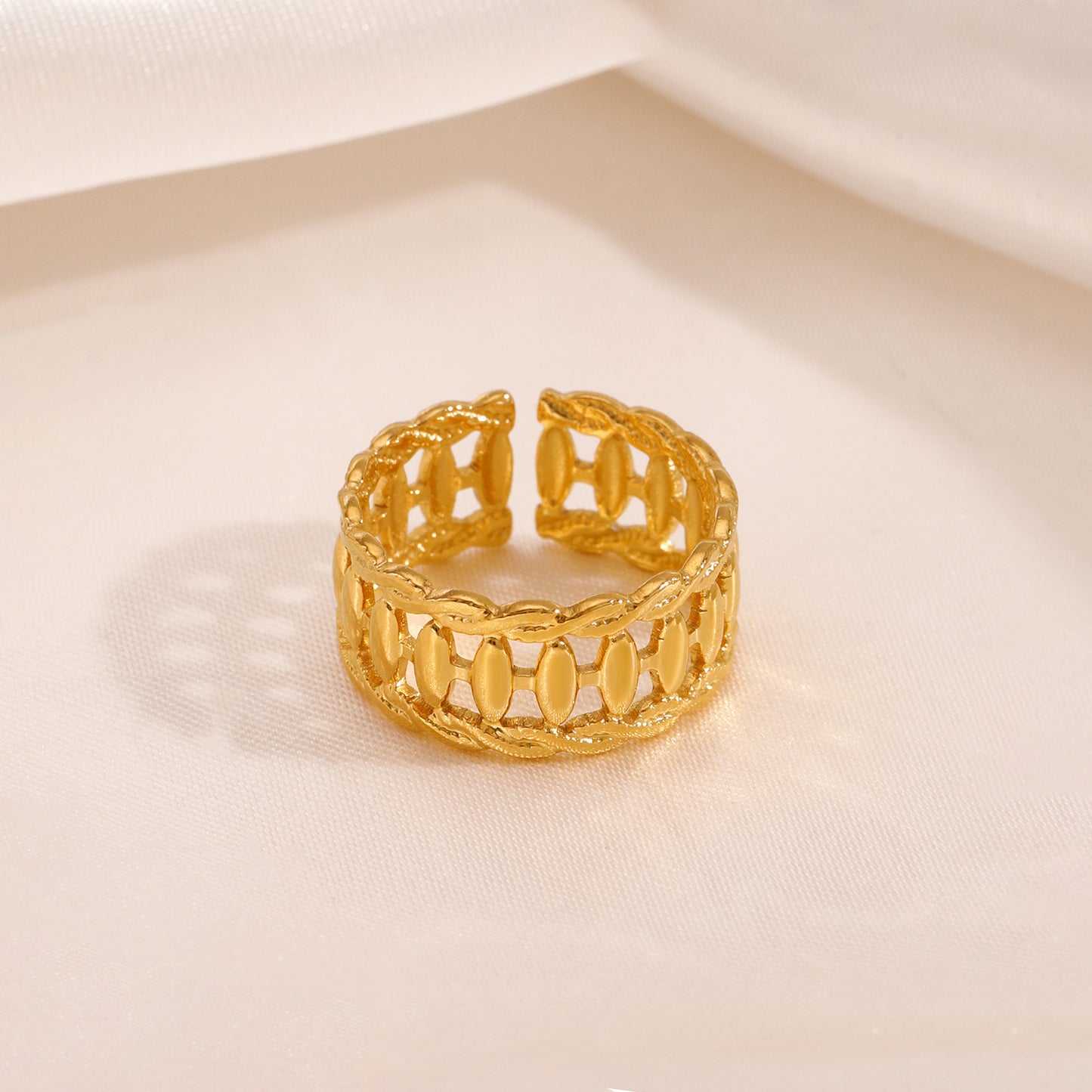 Womens Adjustable Stainless Steel Open Ring Geometric Round European Style Gold or Steel Finish Open Mouth Design