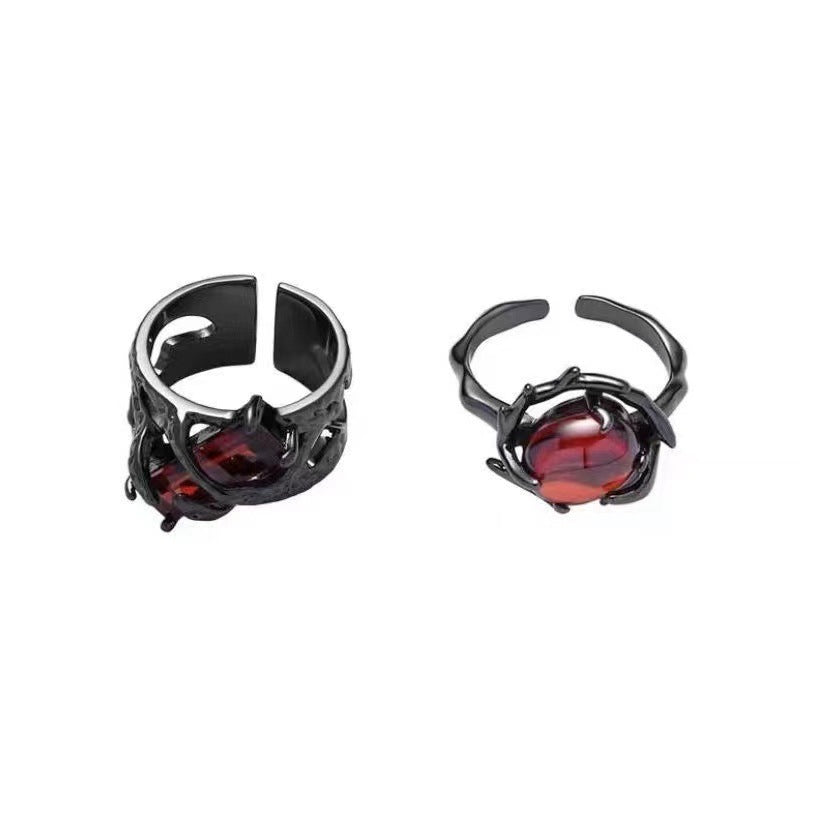 Womens Alloy Ring With Hollow Design Electroplated Finish Retro Pomegranate Red Ring Sweet Cool Fashion Jewelry