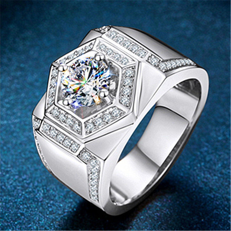 Mens Hexagonal Diamond Ring 18K Rose Gold Plated Platinum Finish Adjustable Band Geometric Jewel Gifts for Him