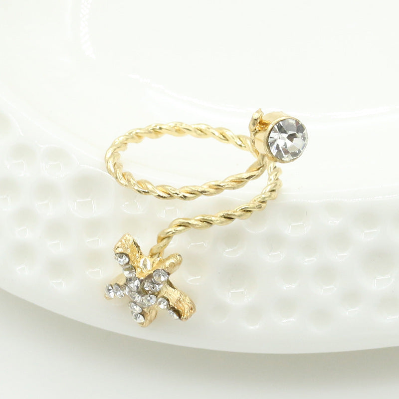 Womens Adjustable Ring With Rhinestone Starfish And Flower Design In Alloy Metal Gem Inlay For Elegant Wear Now