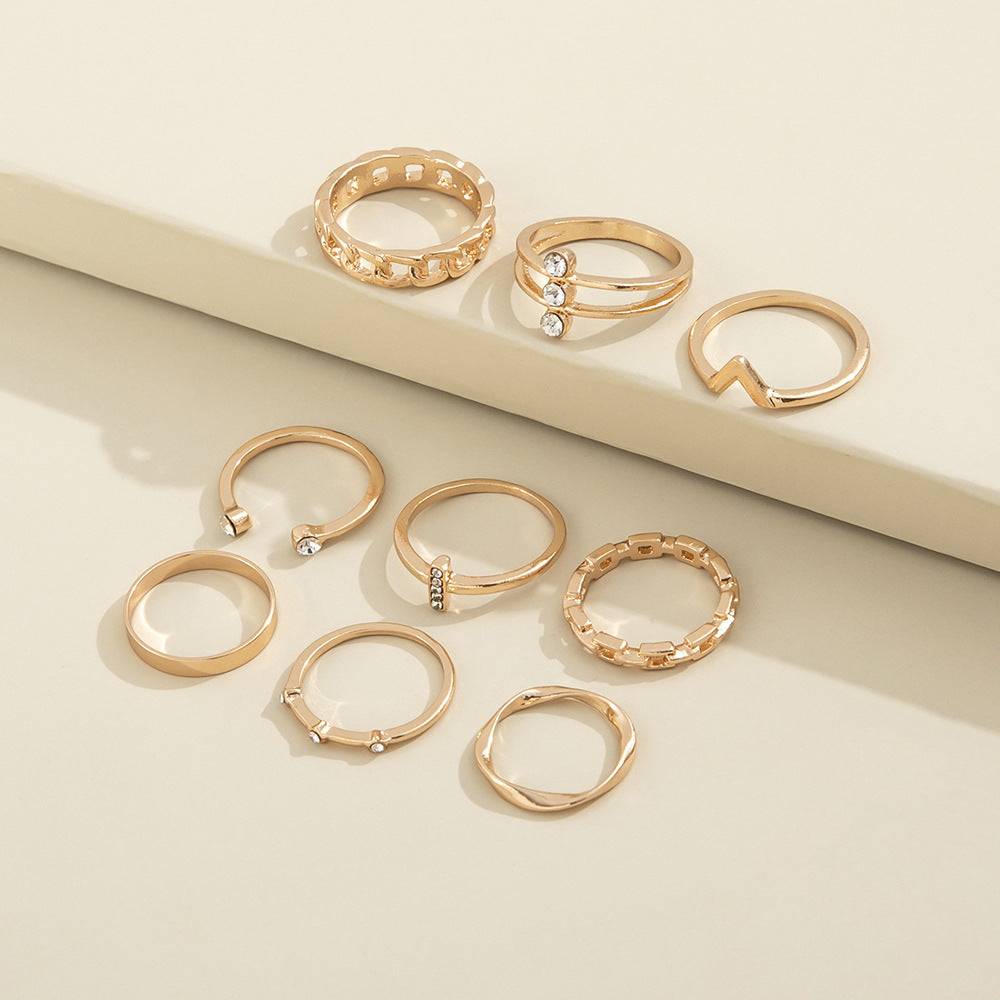 Women Ring Set 9 Piece Cross V Twist Geometric Alloy Rings With Artificial Gems Electroplated Fashion Everyday