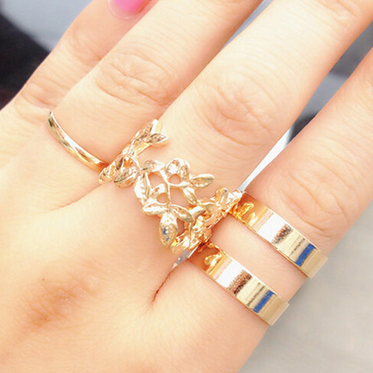 Three Piece Alloy Ring Set Heart Shaped and Tree Leaf Design Korean Fashion Jewelry for Women Elegant Chic Everyday