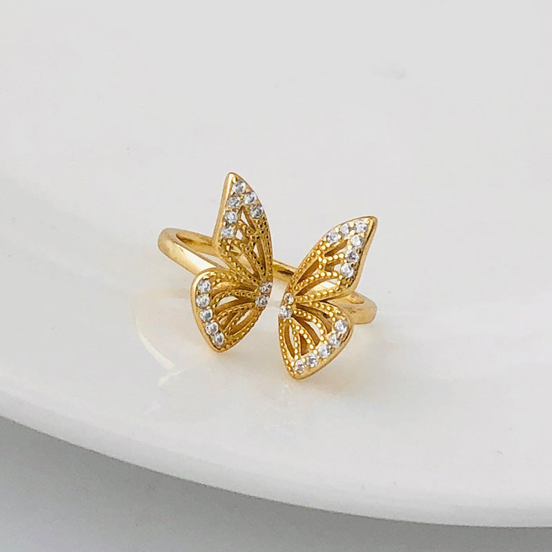 Sterling Silver Butterfly Ring 925 Adjustable Open Band Travel Souvenir Gift For Women European Style Delicate