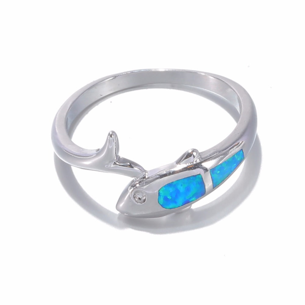 Womens Metal Ring Handmade Cartoon Character Design Gold Plated Inlay Blue Opal Dolphin Decoration Artificial Jewelry