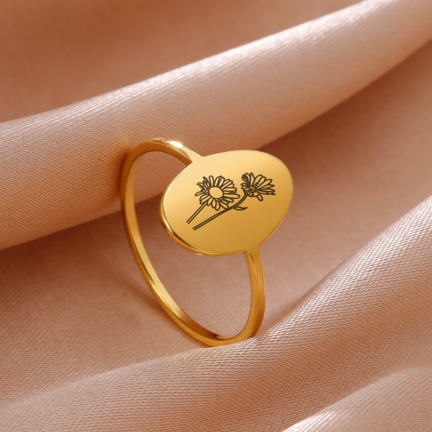 Stainless Steel Flower Ring Luster Gold Electroplated Elegant Floral Design with Intricate Detailing for Women