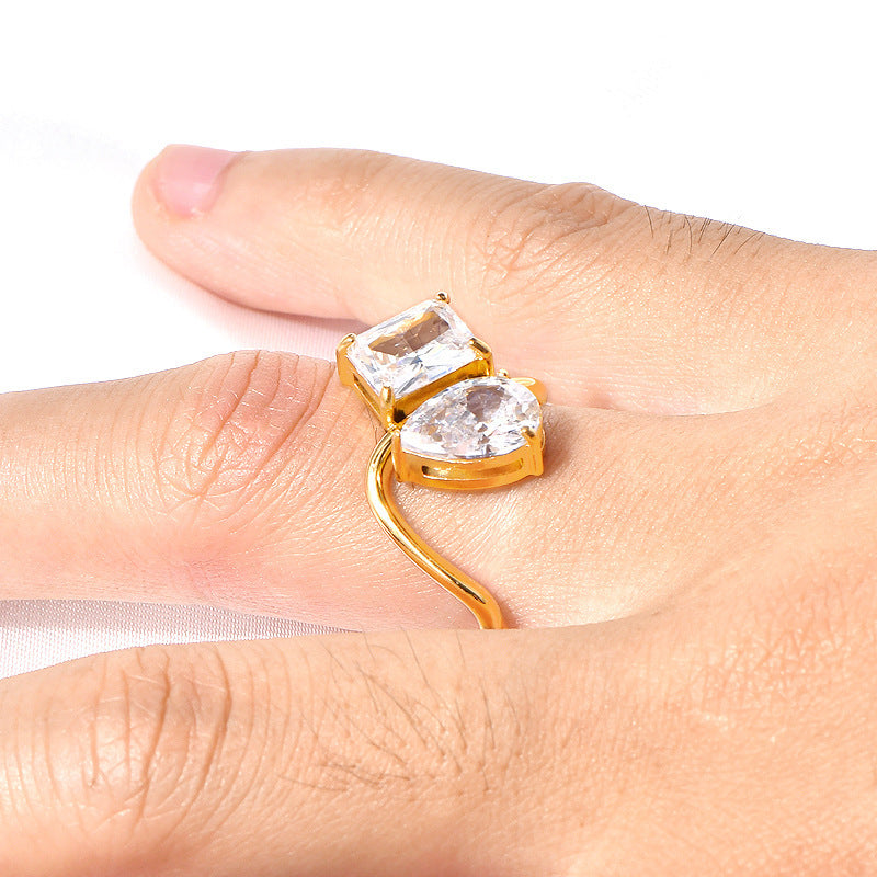 Titanium Steel Diamond Water Drop Square Ring Gold Tone Geometric Korean Style Elegant Modern Shine Daily Wear