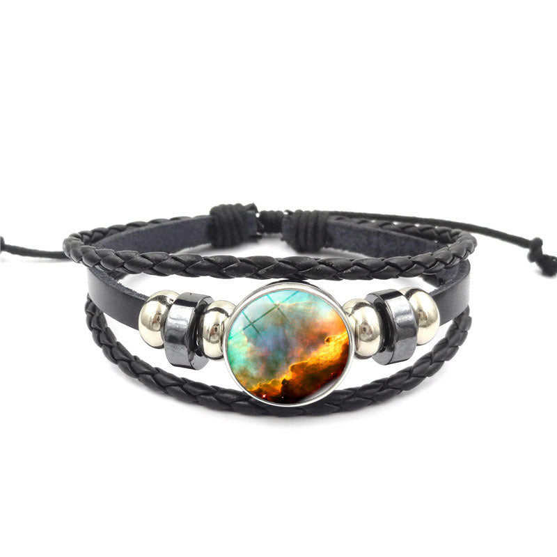Womens Beaded Bracelet Handmade Starry Sky Universe Design Glass Gem Alloy Pendant Adjustable Leather Rope Gem