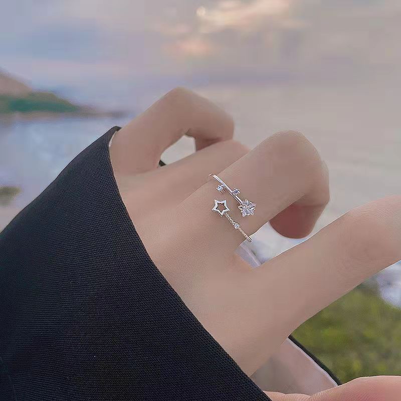 Double Layer Pentagram Star Ring Adjustable Opening White Gold Plated Copper With Alloy Inlaid Artificial Gems