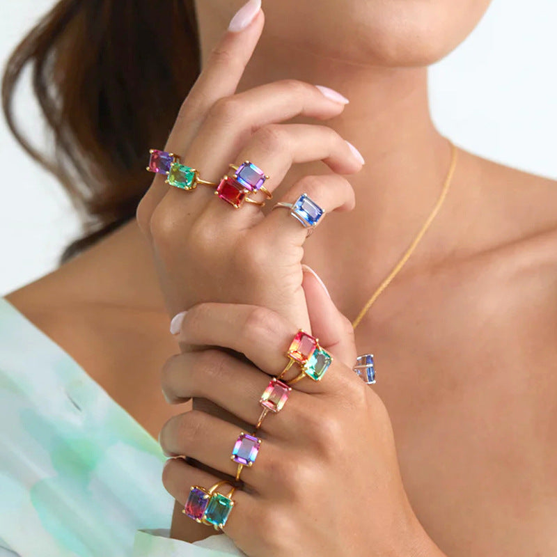 Retro Original Design Gradient Color Square Large Zircon Ring Electroplated 18K Gold Open Copper Ring Dot Line