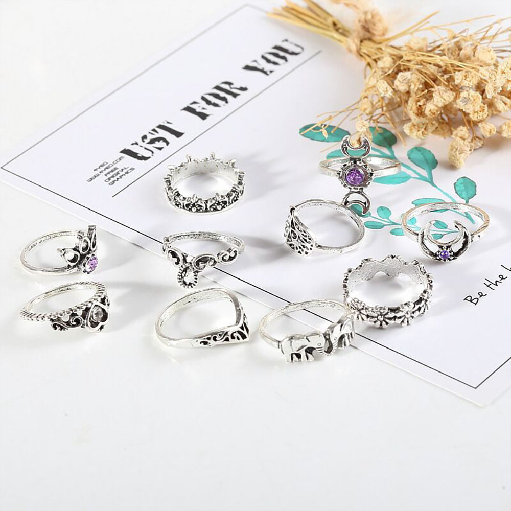 Palm Crown Ring Set Crystal Zirconium Rhinestone Accented Luxury Alloy Rings for Women and Girls Jewelry Style
