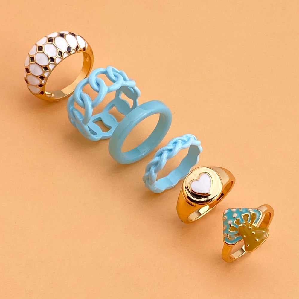 New Resin Hollow Ring Set 6 Piece Geometric Candy Color Drip Oil Finish For Women Fashion Jewelry For Daily Wear