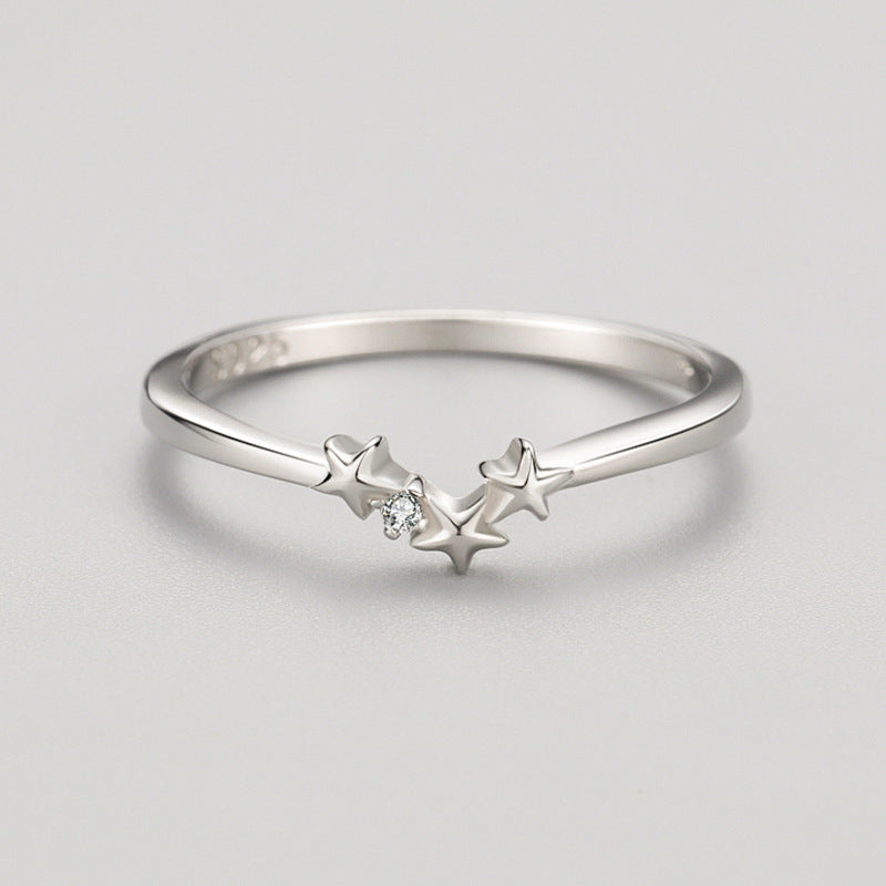 Womens Sterling Silver Ring With Sweet Star Design Geometrical Shape Gold Plated Inlaid Gemstones S925 US5 US6