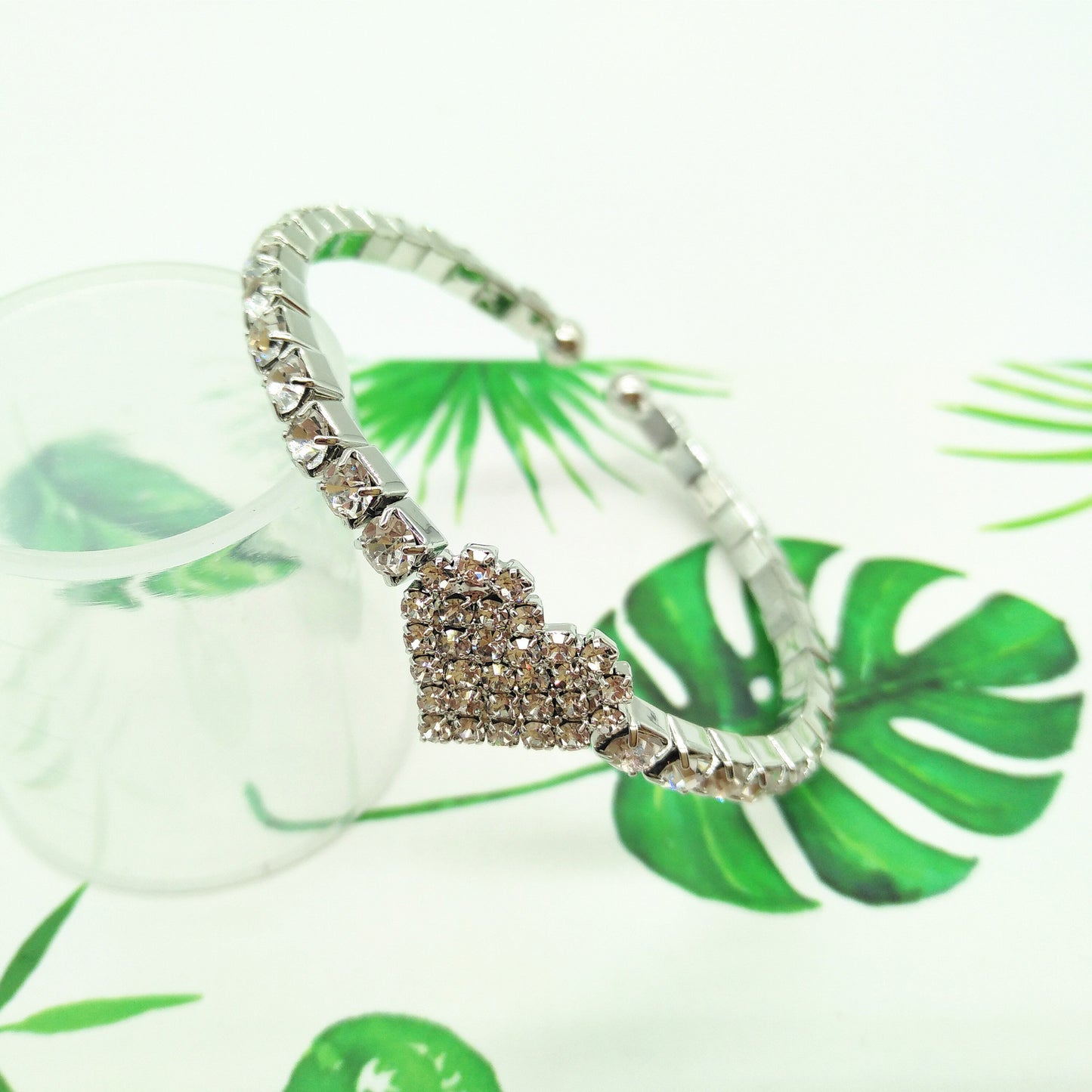 Couple Heart Shaped Alloy Elastic Bangle Bracelets Set With Gemstones In Gold Silver Rose Gold Finishes Inner 50mm