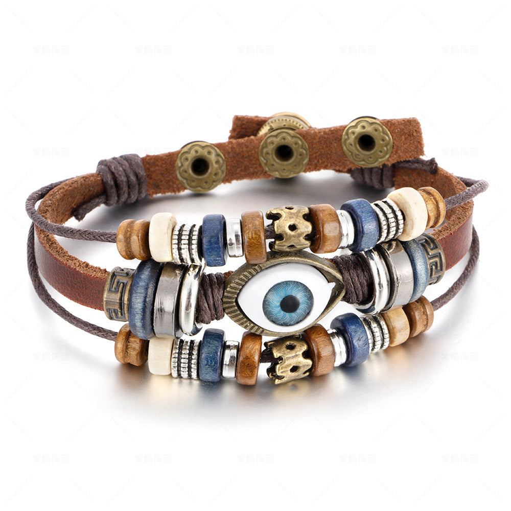 Mens Ethnic Leather Beaded Bracelet Geometric Design Gift