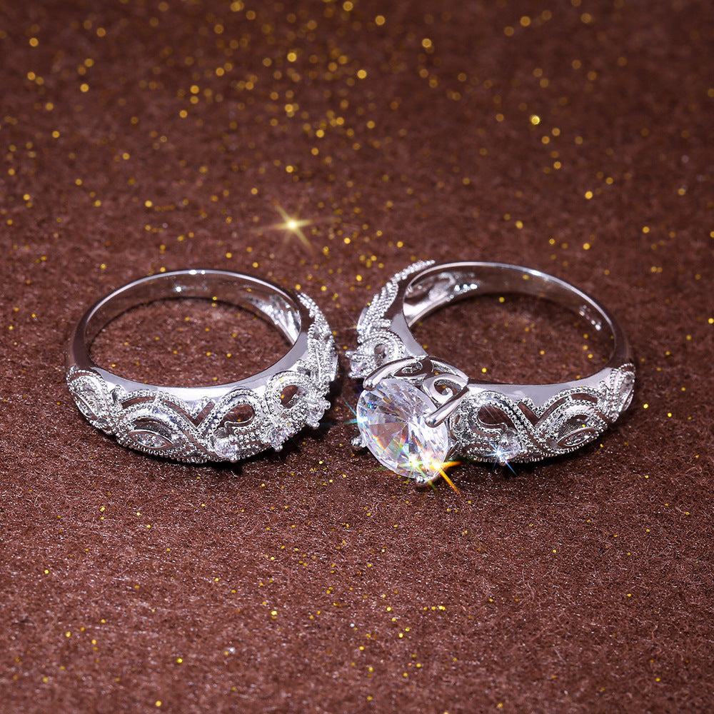 Durable Alloy Couple Rings Two Piece Set Classic Hollow Flower Design Wedding Engagement Promise Rings For Him And Her