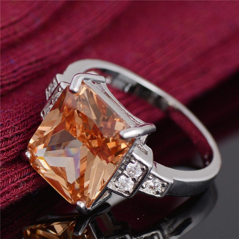 Agate Zircon Ring Rhodium Plated Stone Wedding Jewelry