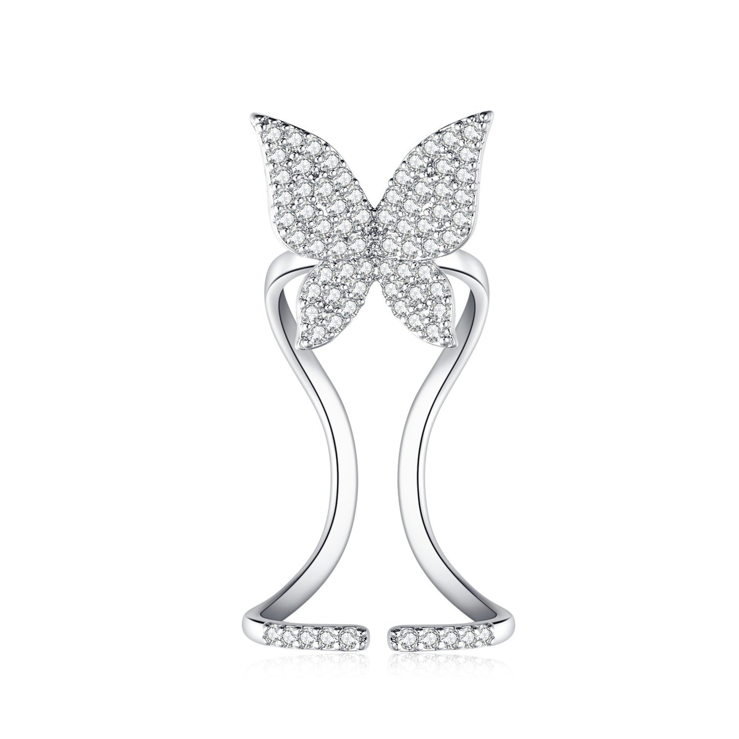 Three Dimensional Butterfly Nail Ring With Zircon Accents Alloy Silver Plated Jewelry For Stylish Nail Art Pro