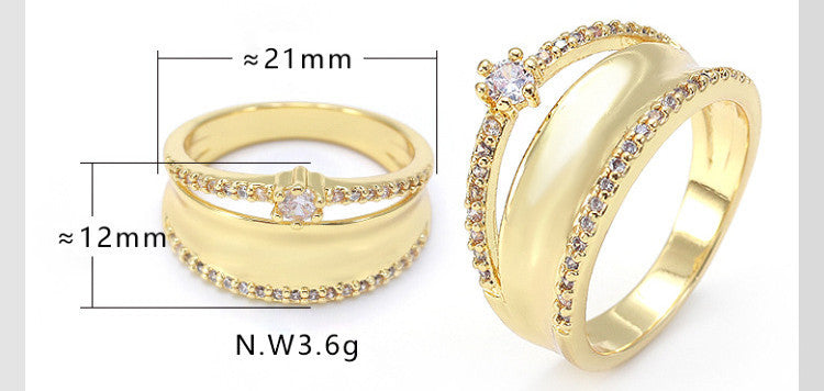 Geometric Zircon Ring For Women Copper Gold Plated European Style Modern Fashion Jewelry Gift Idea For Party Wear