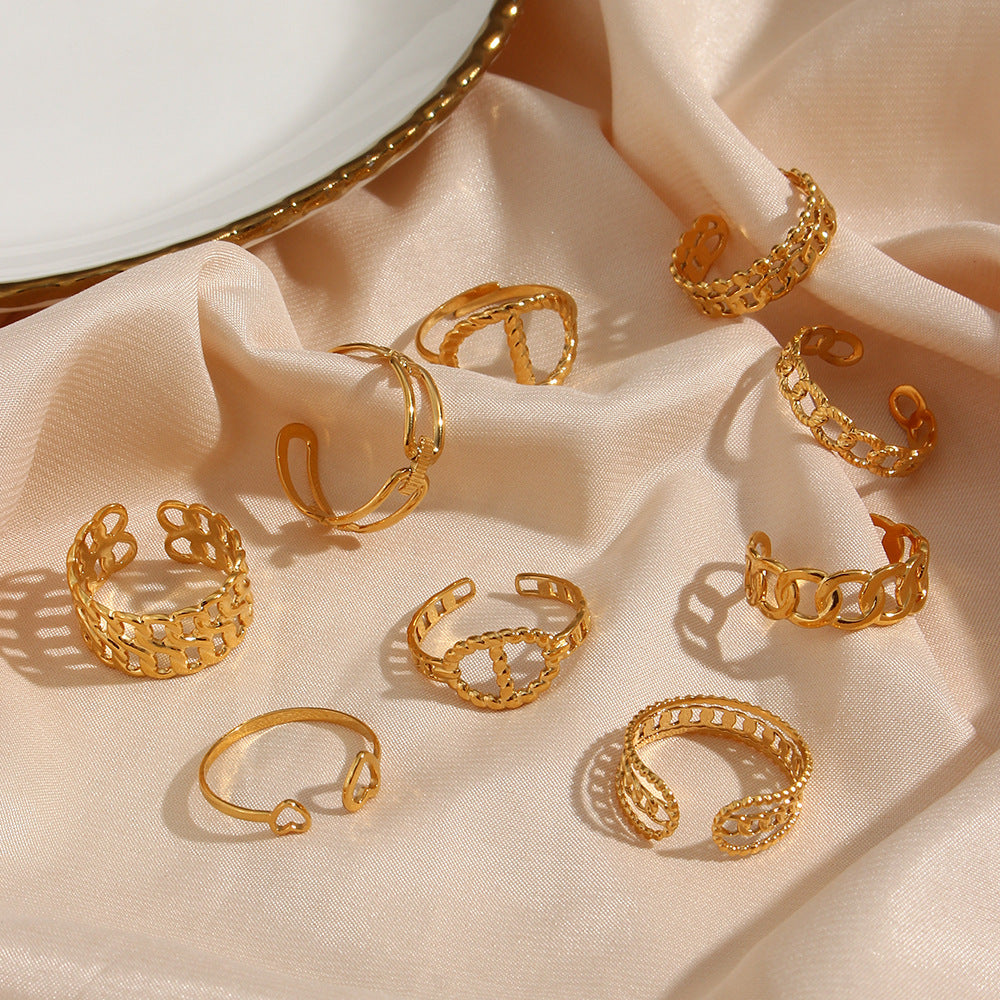 Womens Adjustable Open Ring Gold Tone Chain Design Stainless Steel Jewelry Fashion Ring Everyday Jewelry Trend