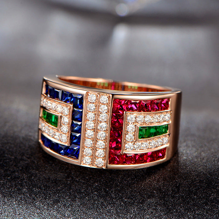 Women Color Zircon Ring Geometric Copper Gold Plated Inlaid Gemstones Semi Precious Stones Cocktail Party Ring