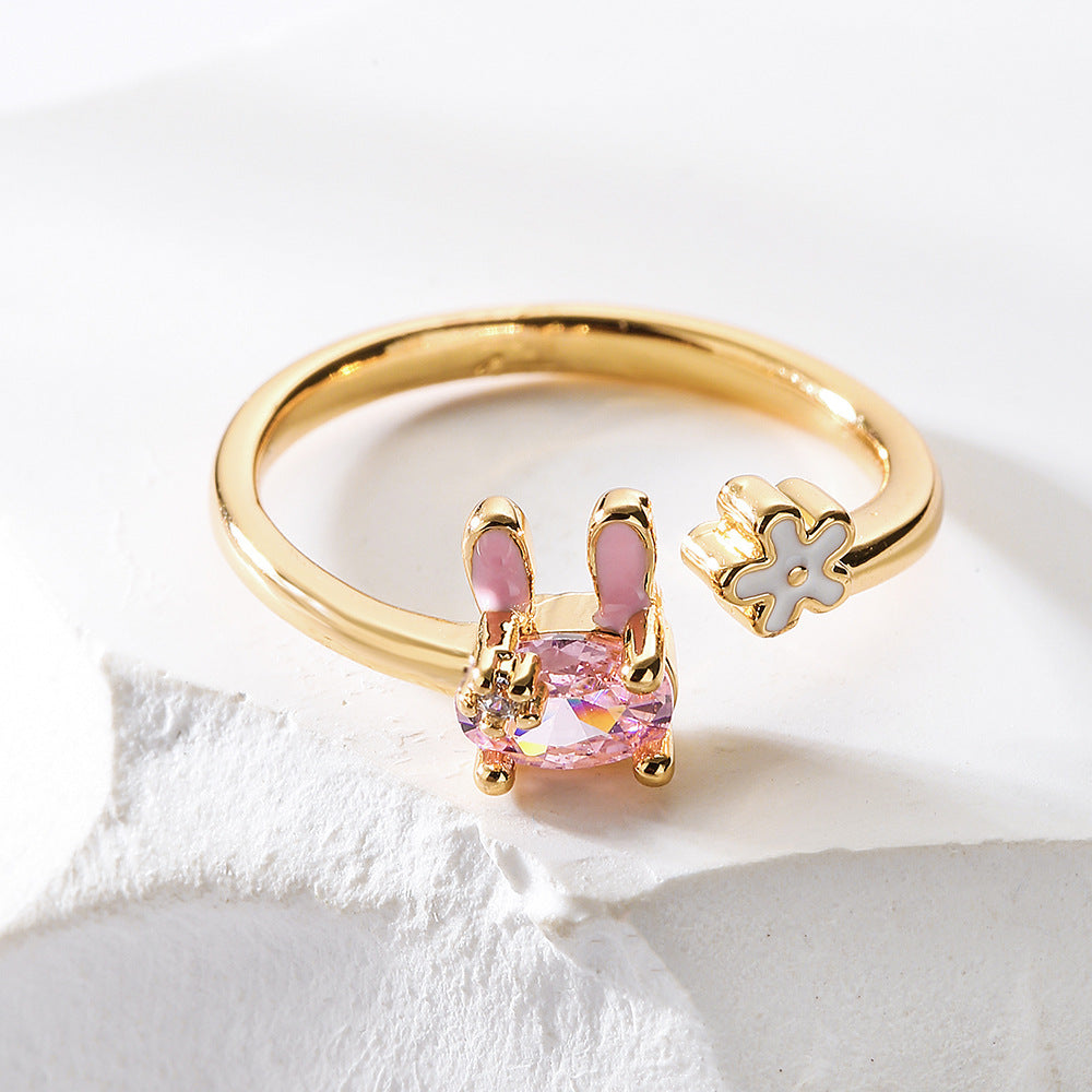 Womens Adjustable Copper Ring With 18K Gold Plating Micro Inlay Zircon Rabbit Geometric Design Jewelry Gift For Women