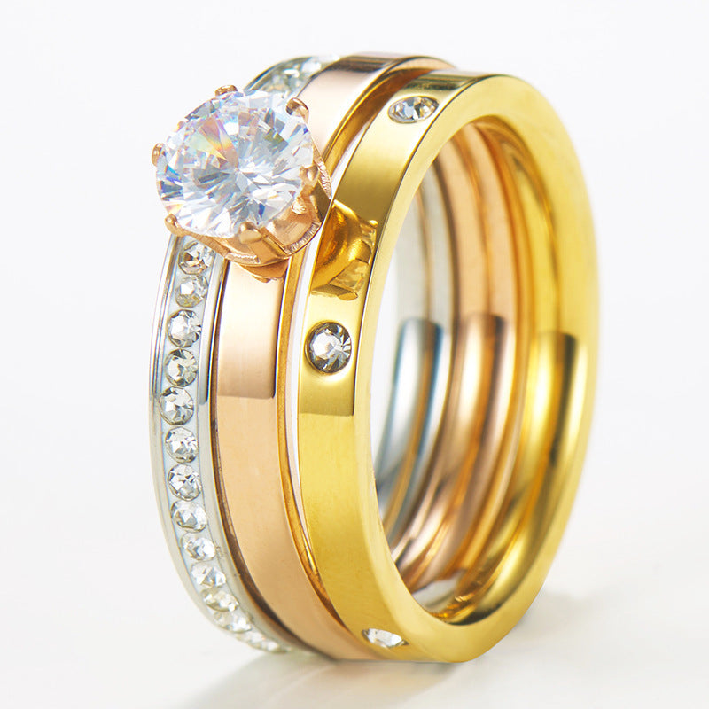 Womens Titanium Steel Three Piece Ring Set Six Claw Simulated Diamond Rose Gold Tone Durable Fashion Jewelry Gift