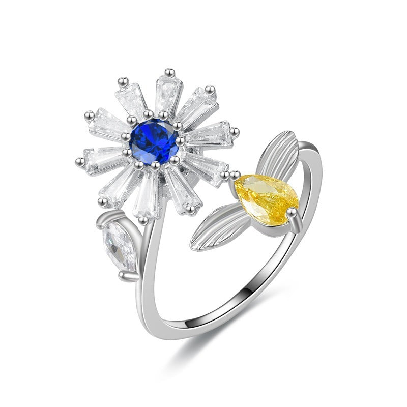 Unisex Zircon Flower Ring Adjustable Little Daisy Copper Korean Style Diamond Accent Quality Durable Fashion Jewelry