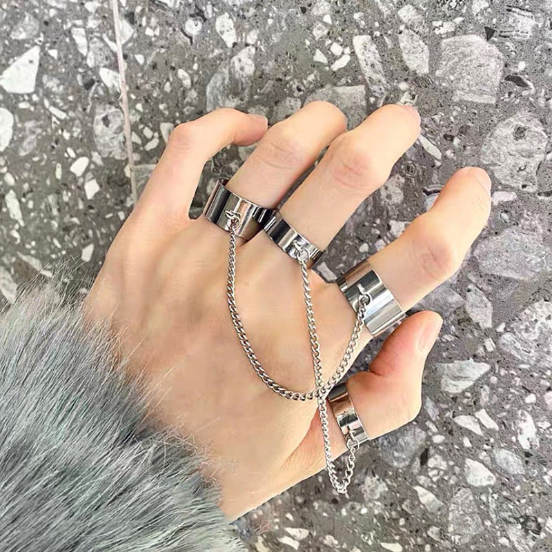 Womens Punk Ring Set Tassel Chain Alloy Adjustable Opening European American Circular Rings Smooth Gold Silver