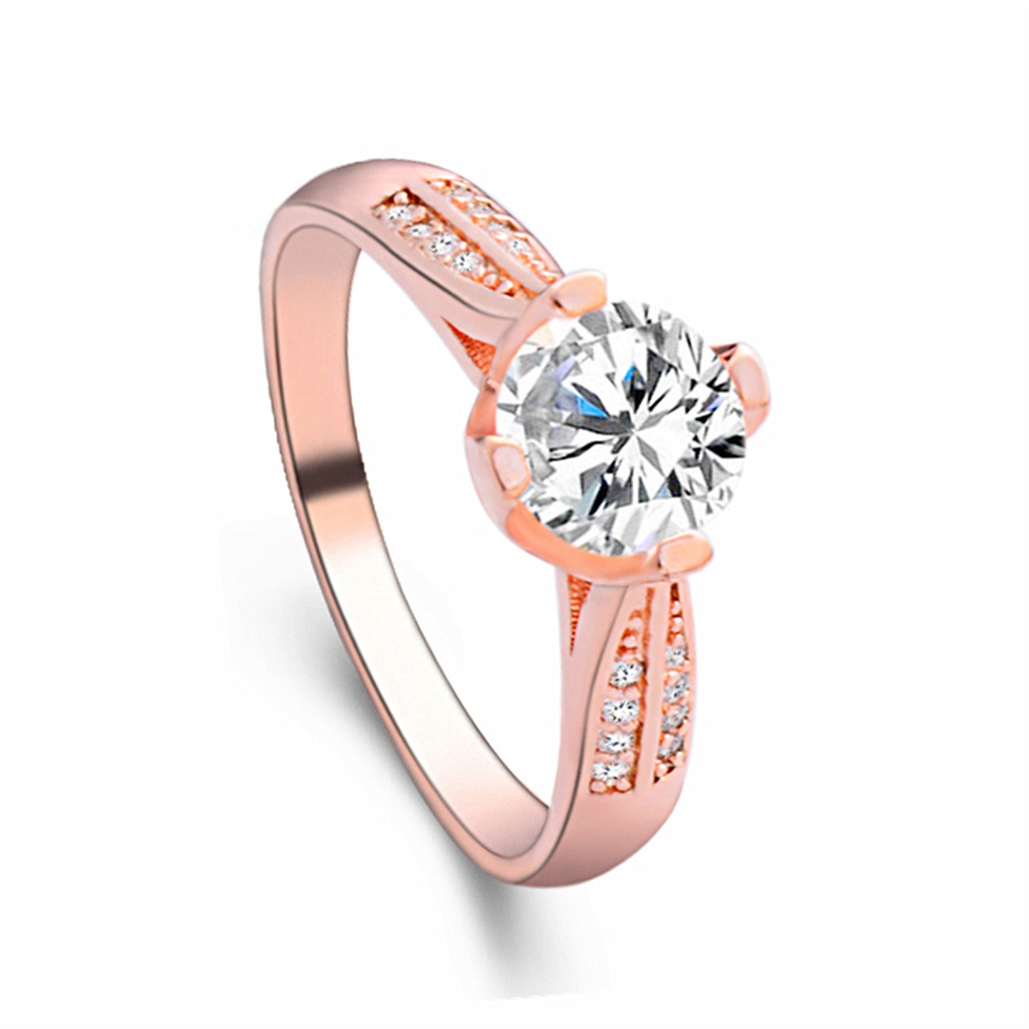 Womens One Carat Simulated Diamond Four Claw Setting Platinum Plated Copper Ring Elegant Gift for Her Timeless