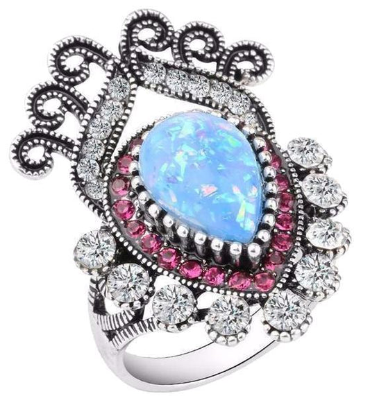 Blue Opaline White Crystal Flower Silver Ring Zircon Brass Sturdy Fashion Statement Jewelry Accessory Gift Her