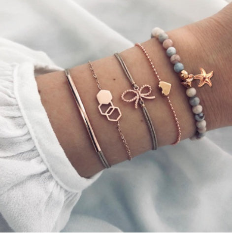 Womens Bohemian Bracelet Set Vintage Beaded Charm Alloy Jewelry Boho Bracelets Bow Design And Love Boho Jewelry Gift