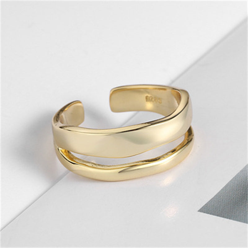 Double Layer Silver Plated Copper Ring Geometric Band With Glossy Finish Jewelry Gift For Everyday Sleek Shine
