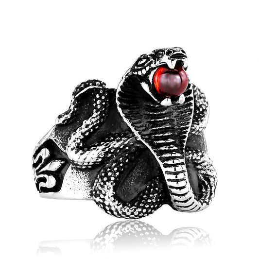 Titanium Steel Vintage Ring Personality Stainless Steel Ring Cobra Shape Statement Jewelry Retro Trend Ring for Men and Women Red and Black