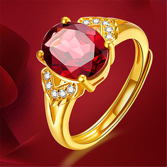 Gold Plated Garnet Ring Adjustable For Women Elegant Statement Fashion Jewelry Ring Durable Copper Design Size