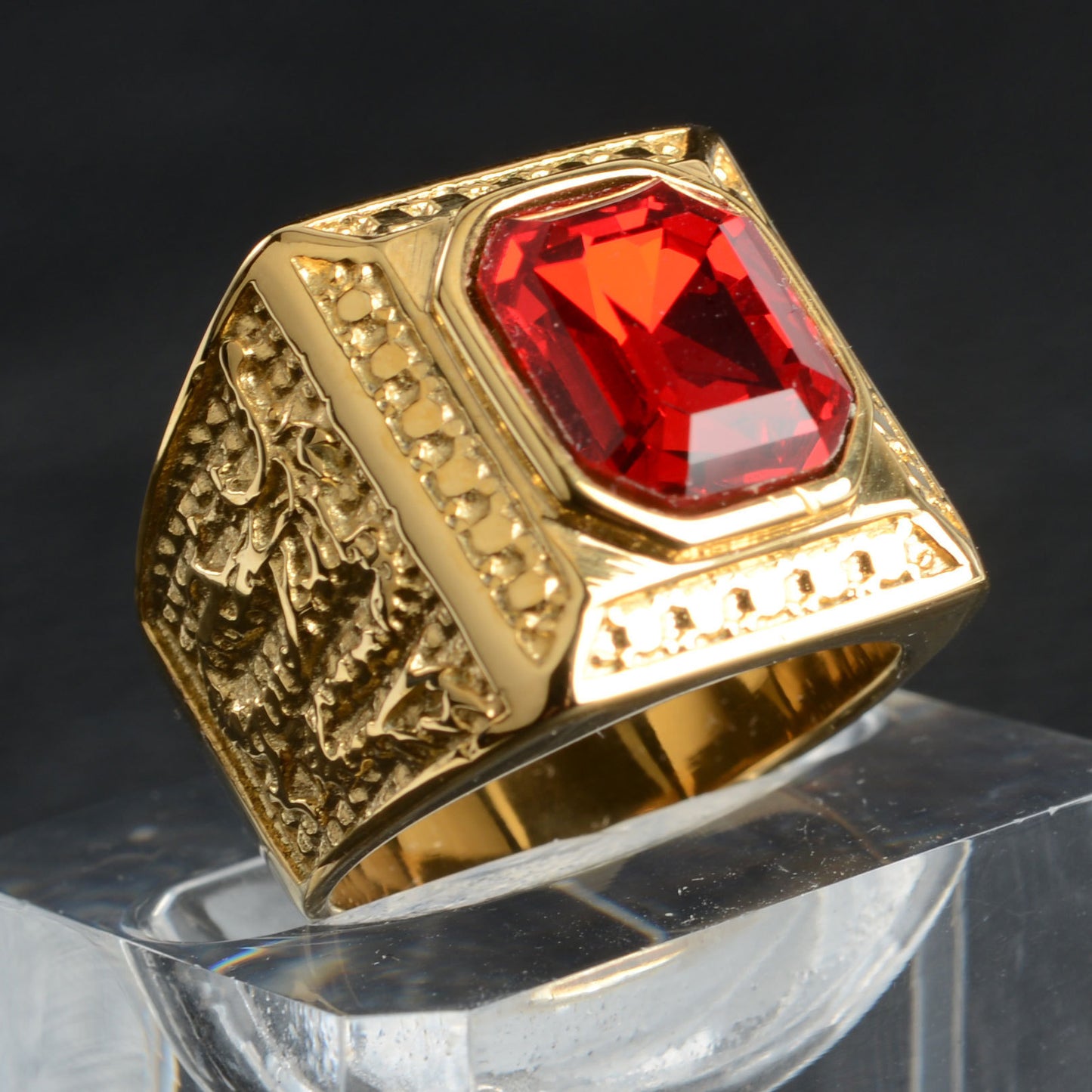 Unisex Stainless Steel Ring With Geometric Design Texture Casting Inlay Gems Statement Bands For Everyday Wear