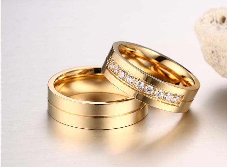Titanium Steel Couple Ring Electroplated Gold Diamond