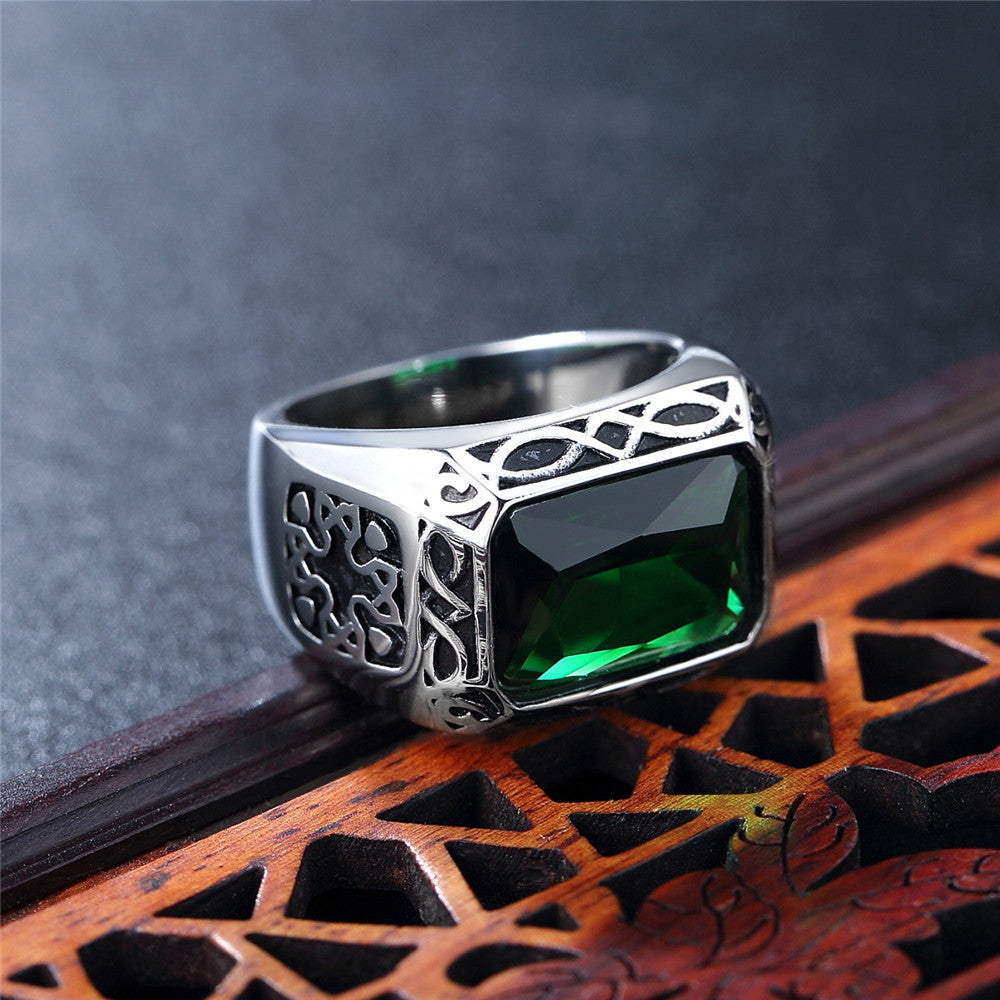 Stainless Steel Emerald Ring For Men Retro Punk Biker Ring Statement Jewelry Gift For Men European And American Style
