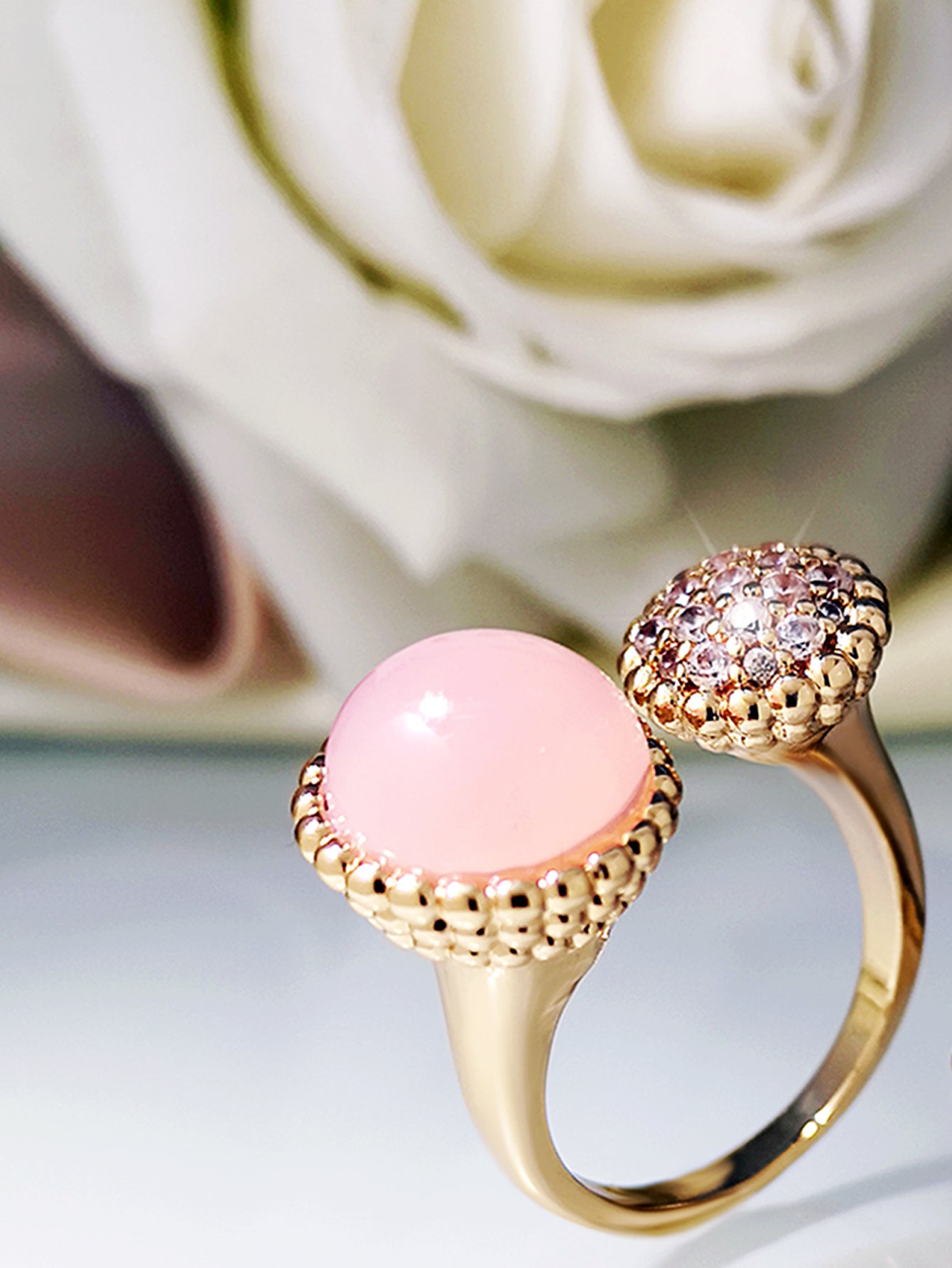 Rose Gold Geometric Ring Copper Zircon Accents Glass