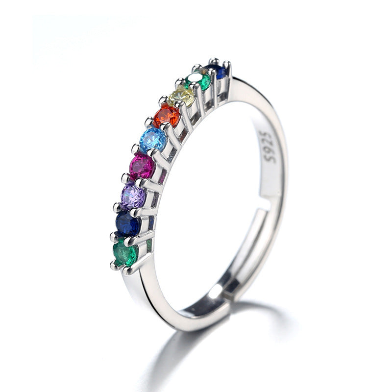 Sterling Silver Ring Inlaid With Colorful Zircon Stones For Women Fashion Jewelry Geometric Ring Travel Design