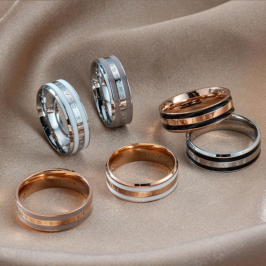 Simple Fashion Wide Epoxy Ceramic Titanium Steel Ring Couple Style Text Letters Rose Gold Silver Colors Styles